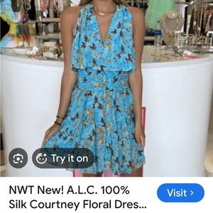 A.L.C. 100 % Silk Courtney  Floral Midi Dress - sz 6- blue groto